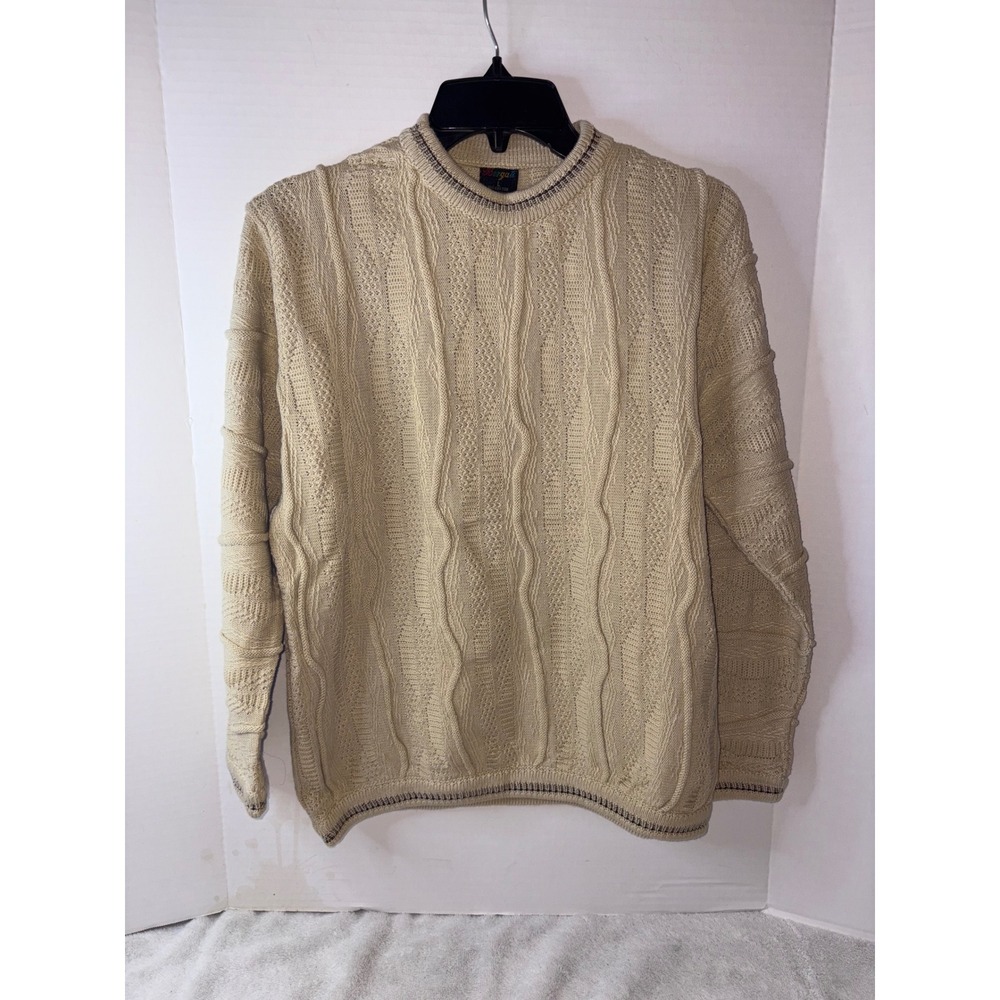 Bergati Cable Knit Sweate Neck Pullover Mens Textured Beige Large
